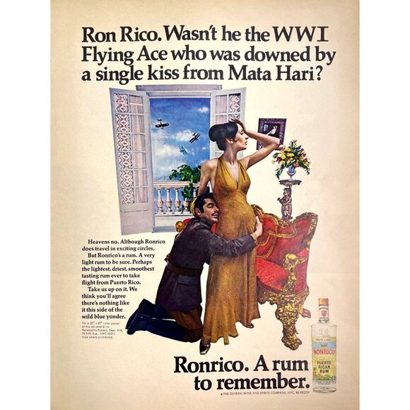 Ronrico Rum Vintage Print Ad 1968 Puerto Rican WWI Flying Ace NYC General Wine u - Picture 1 of 5